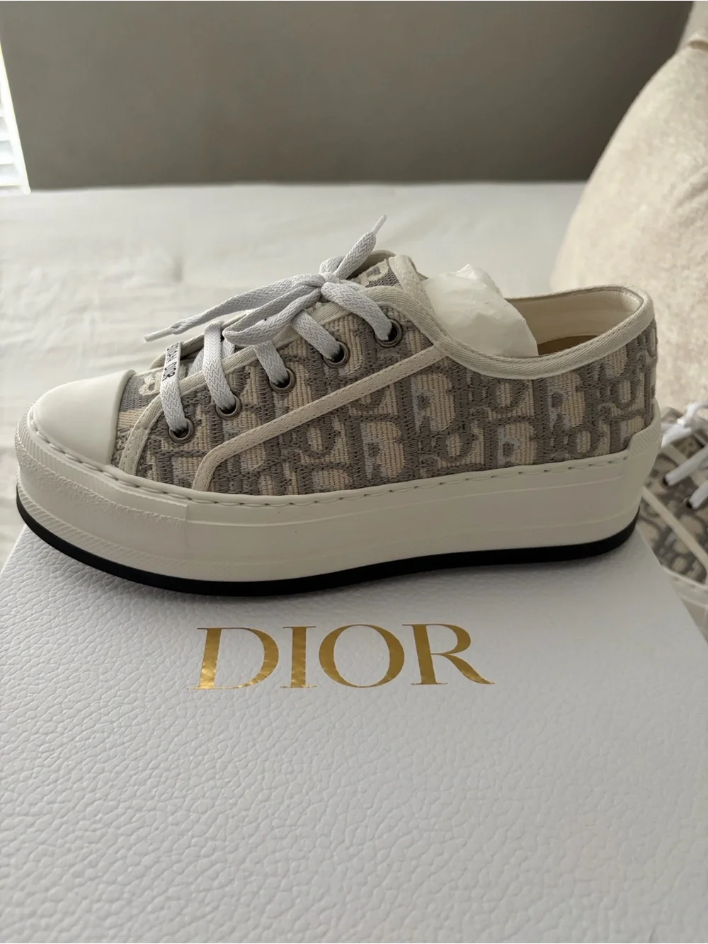 Brand new Walk'n'Dior Platform Sneaker, Stone Gray Oblique Embroidered Cotton